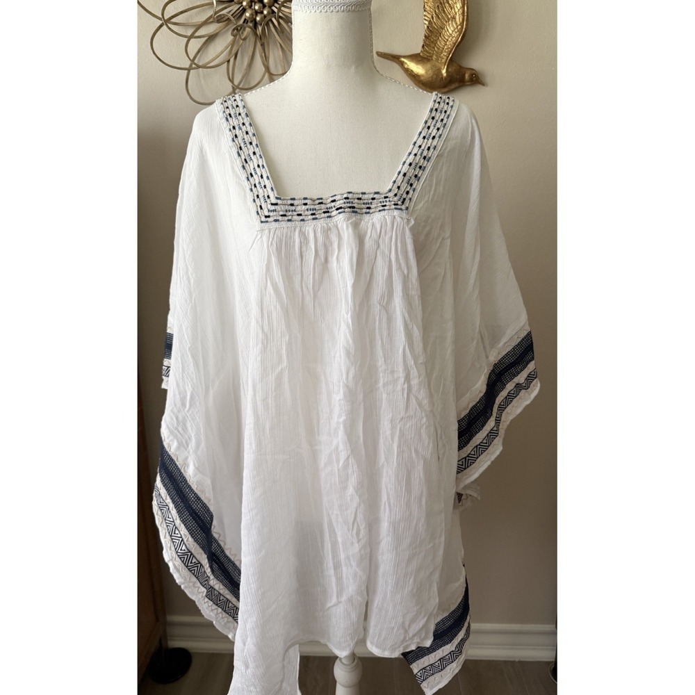 Lane Bryant 22 24 White Cotton Embroidered Poncho Caftan Boho Beach‎ Top
